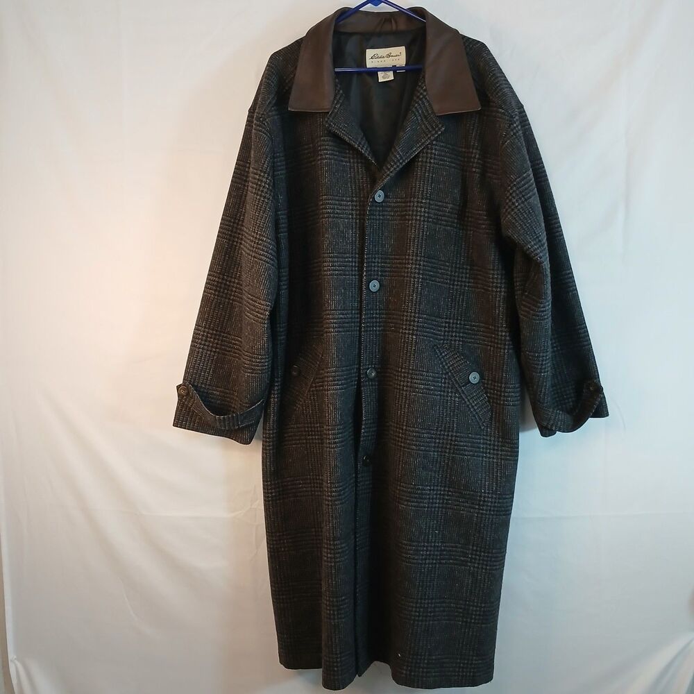 Eddie Bauer men trench coat Glen Plaid tweed leather trim szXXL outdoor business